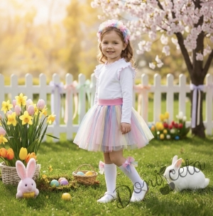 Комплект от 2 части-детска многоцветна пола Радост и блузка с дълъг ръкав с крилца обкрайчени с розово