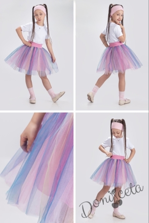 Комплект от 2 части-детска многоцветна пола Радост и блузка с дълъг ръкав с крилца обкрайчени с розово