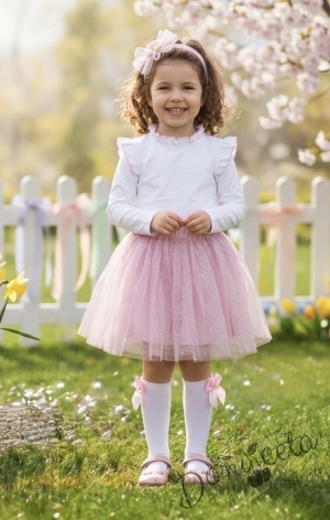 Комплект от 2 части-детска пола с блясък в розово и блузка с дълъг ръкав с крилца обкрайчени с розово