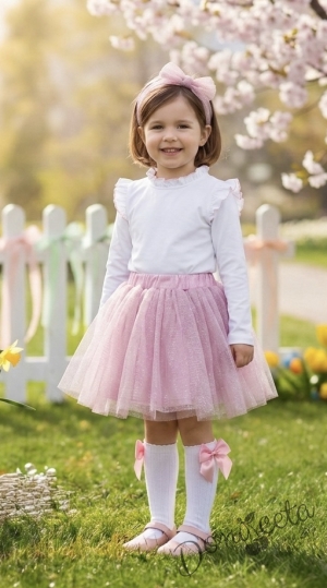 Комплект от 2 части-детска пола с блясък в розово и блузка с дълъг ръкав с крилца обкрайчени с розово