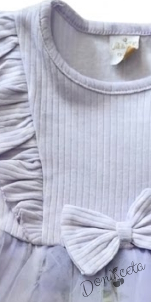 Детска ежедневна рокля с дълъг ръкав в лилаво с къдрички и тюл в долната част