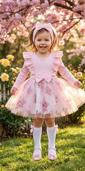 Детска ежедневна рокля с дълъг ръкав в розово с къдрички и тюл в долната част