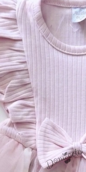 Детска ежедневна рокля с дълъг ръкав в розово с къдрички и тюл в долната част