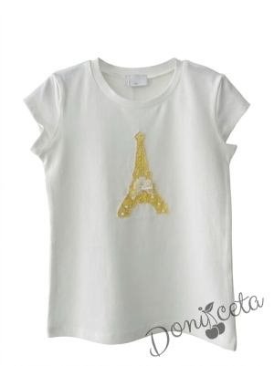 Детска блуза с къс ръкав и апликация изобразяваща Айфеловата кула в жълто