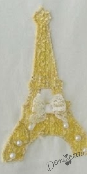 Детска блуза с къс ръкав и апликация изобразяваща Айфеловата кула в жълто