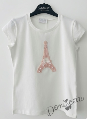 Детска блуза с къс ръкав и апликация изобразяваща Айфеловата кула в розово