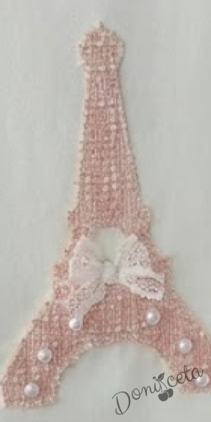 Детска блуза с къс ръкав и апликация изобразяваща Айфеловата кула в розово