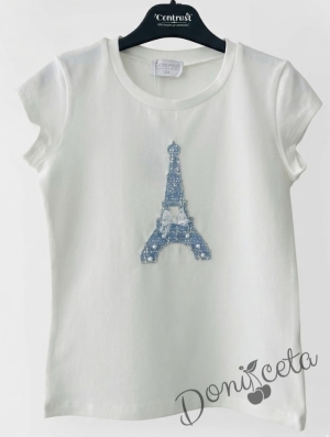 Детска блуза с къс ръкав и апликация изобразяваща Айфеловата кула в синьо