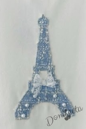 Детска блуза с къс ръкав и апликация изобразяваща Айфеловата кула в синьо