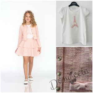 Комплект за момиче от 3 части-пола,тениска с къс ръкав и сако с дълъг ръкав в розово