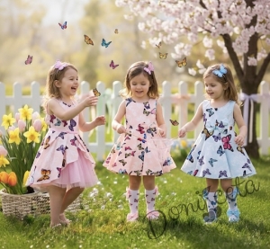 Детска рокля клош в тюркоаз Вилина с пеперуди 