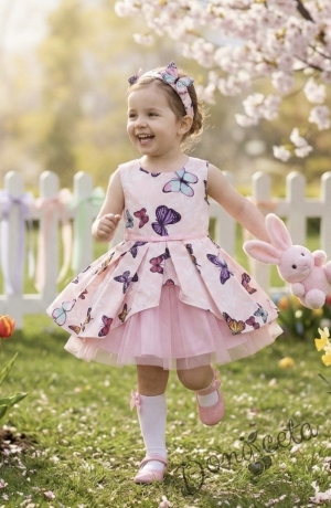 Детска официална памучна рокля Надежда с пеперуди и с тюл 