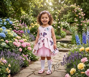 Детска официална памучна рокля Надежда с пеперуди и с тюл 