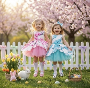 Детска официална памучна рокля Надежда с цветя в розово с тюл и коланче в розово