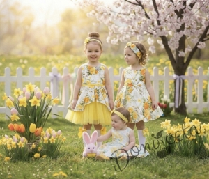 Детска официална рокля клош с жълти цветя  с тюл Надежда