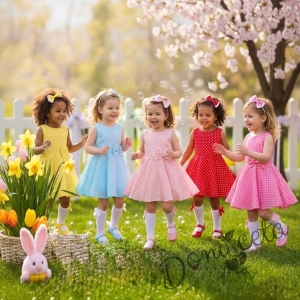 Официална или ежедневна детска/бебешка рокля в жълто на бели точки тип клош  Вилина