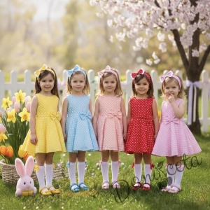 Официална или ежедневна детска/бебешка рокля в жълто на бели точки тип клош  Вилина