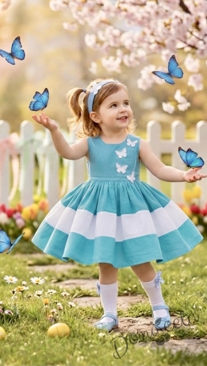 Детска рокля в тюркоаз мента с 3D пеперуди