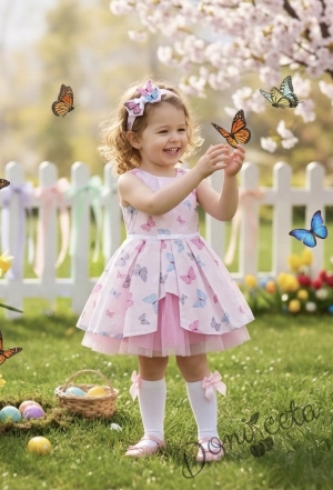 Официална детска памучна рокля Надежда с тюл в розово с пеперудки 