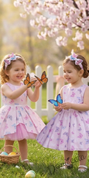 Официална детска памучна рокля Надежда с тюл в розово с пеперудки 