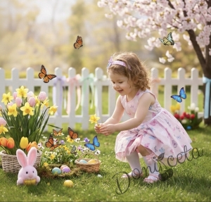 Официална детска памучна рокля Надежда с тюл в розово с пеперудки 