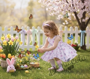 Детска памучна рокля в розово с пеперуди тип клош Вилина