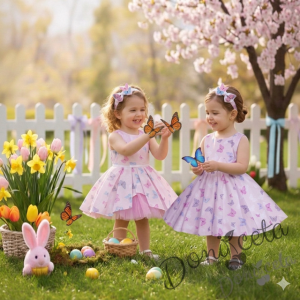 Детска памучна рокля в розово с пеперуди тип клош Вилина