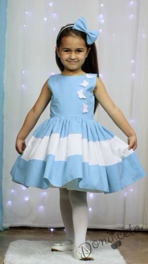 Официална детска памучна рокля в синьо и бяло с пеперуди в бяло Далента