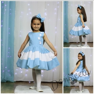 Официална детска памучна рокля в синьо и бяло с пеперуди в бяло Далента