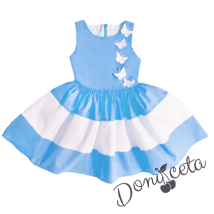 Официална детска без ръкав рокля тип клош в синьо и бяло с пеперуди в бяло  1