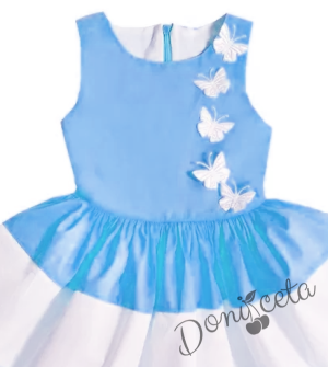 Официална детска без ръкав рокля тип клош в синьо и бяло с пеперуди в бяло  2