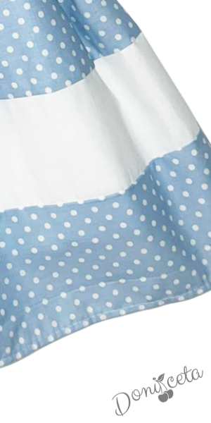 Официална детска рокля без ръкав в синьо и бяло на точки с пеперуди в бяло тип клош 1