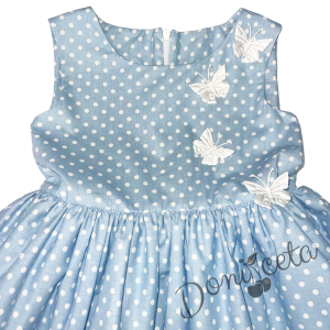 Официална детска рокля без ръкав в синьо и бяло на точки с пеперуди в бяло тип клош 2