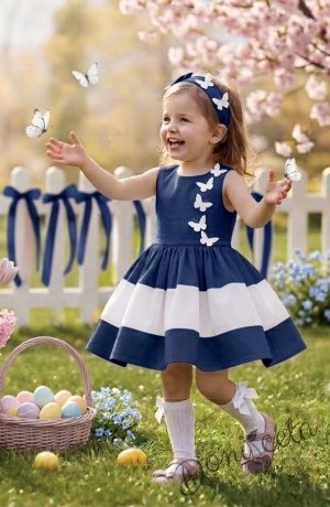Официална или ежедневна детска рокля в тъмносиньо с 3D пеперудки от колекция Тъмносиняда Далента