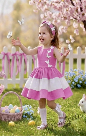 Официална или ежедневна детска рокля в  циклама и бяло с 3D пеперуди Далента