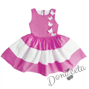 Официална или ежедневна детска рокля в  циклама и бяло с 3D пеперуди Далента