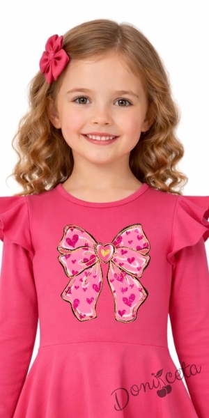 Детска рокля с дълъг ръкав в циклама с къдрички и панделка