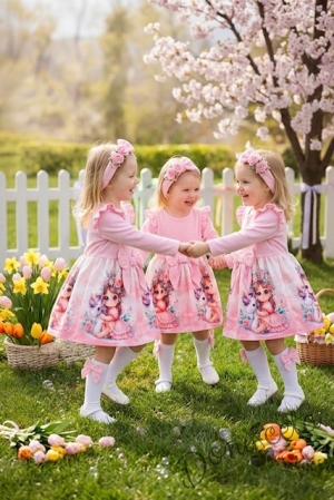 Детска рокля с дълъг ръкав в розово с къдрички, панделка и картинка на момиченце