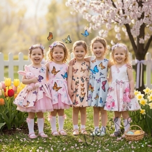 Детска рокля клош в тюркоаз Вилина с пеперуди 