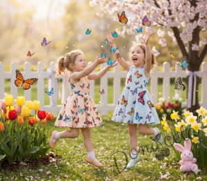 Детска рокля клош Вилина в прасковено с пеперуди 