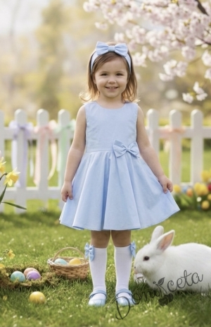 Официална детска/бебешка рокля в светлосиньо тип клош с панделка Вилина
