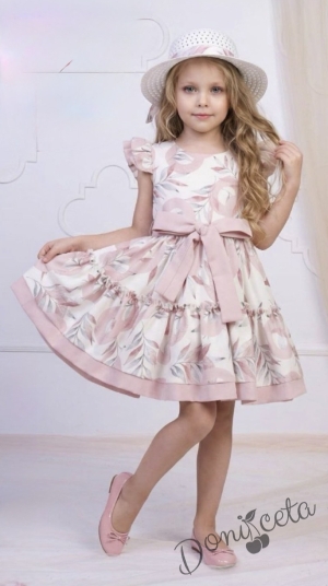 Детска рокля в екрю с флорален принт в розова пудра