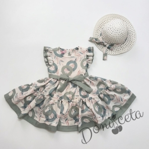 Детска рокля в екрю с флорален принт в маслинени нюанси