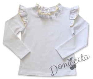 Детска блуза с дълъг ръкав за момиче в бяло с къдрички и кант в жълто