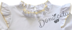 Детска блуза с дълъг ръкав за момиче в бяло с къдрички и кант в жълто