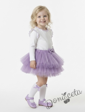 Детска блуза с дълъг ръкав за момиче в бяло с къдрички и кант в лилаво