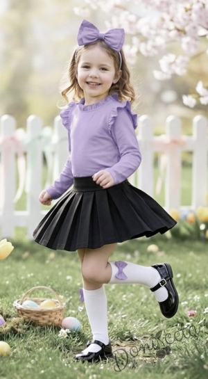 Комплект за момиче от 2 части - пола от трико в черно и блуза с дълъг ръкав с къдрички в лилаво