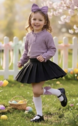 Комплект за момиче от 2 части - пола от трико в черно и блуза с дълъг ръкав с фин набор около врата в лилаво