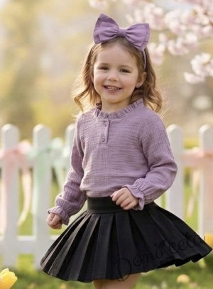 Комплект за момиче от 2 части - пола от трико в черно и блуза с дълъг ръкав с фин набор около врата в лилаво