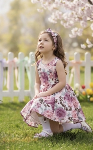 Детска рокля клош в пепел от рози цветя тип клош Вилина